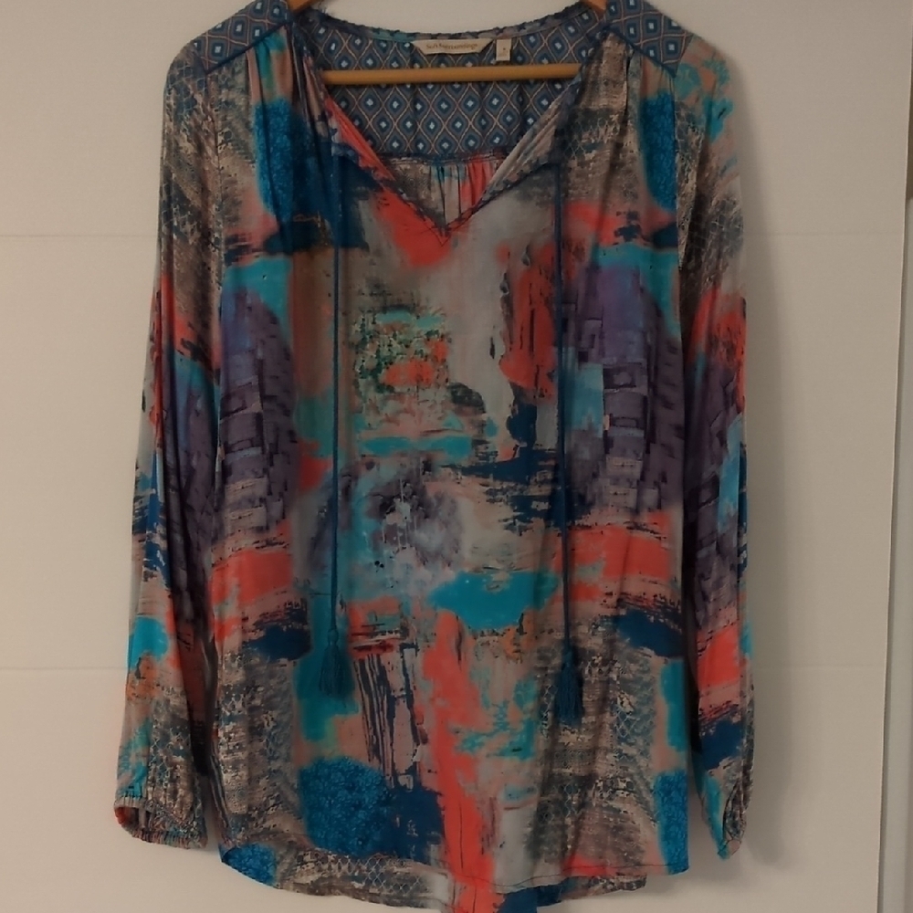 Soft Surroundings Boho Multicolor Abstract Print Peasant Tassels Blouse Small
